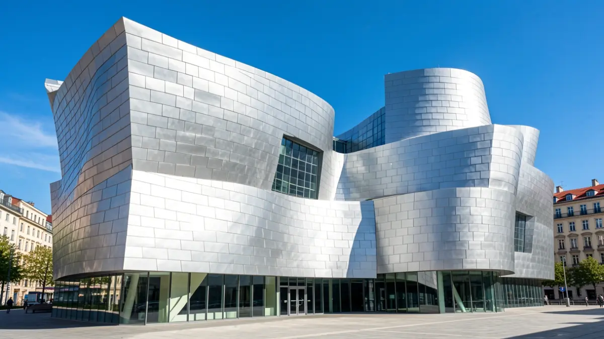 Generic image: Facade of the Guggenheim Museum Bilbao, modern architecture with distinctive titanium curves, bright daylight, blue sky.