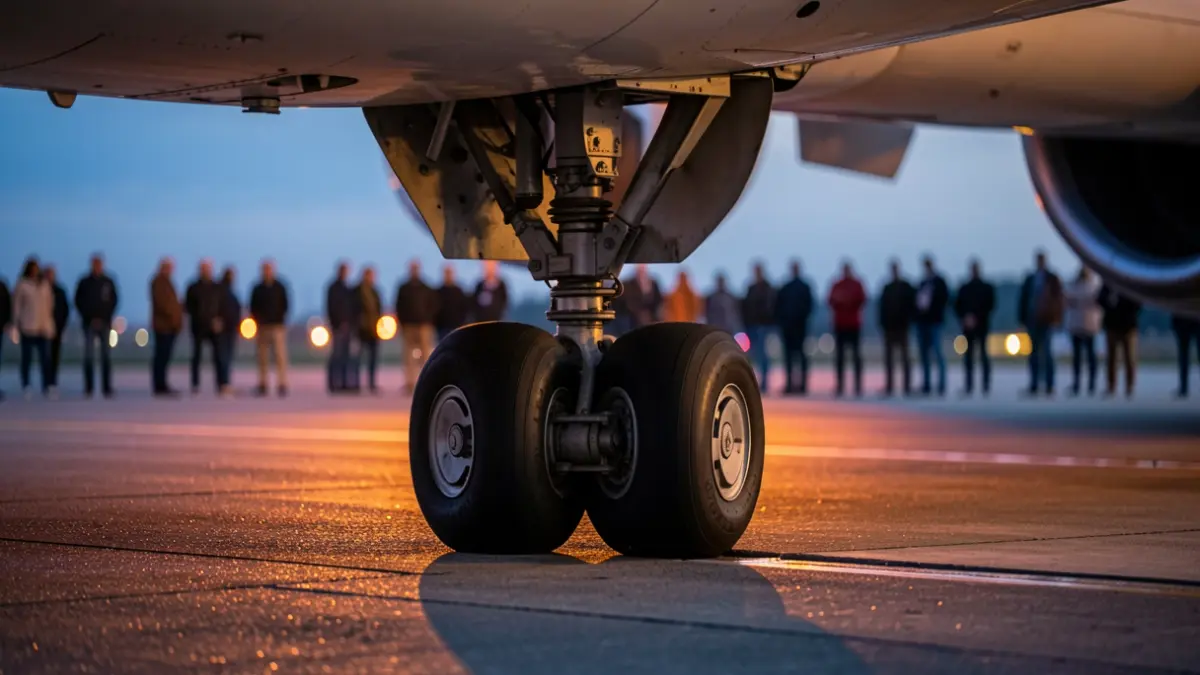 Close-up of a commercial airplane's landing gear on the airport runway at dusk, with warm orange and blue lights reflecting on the tarmac.