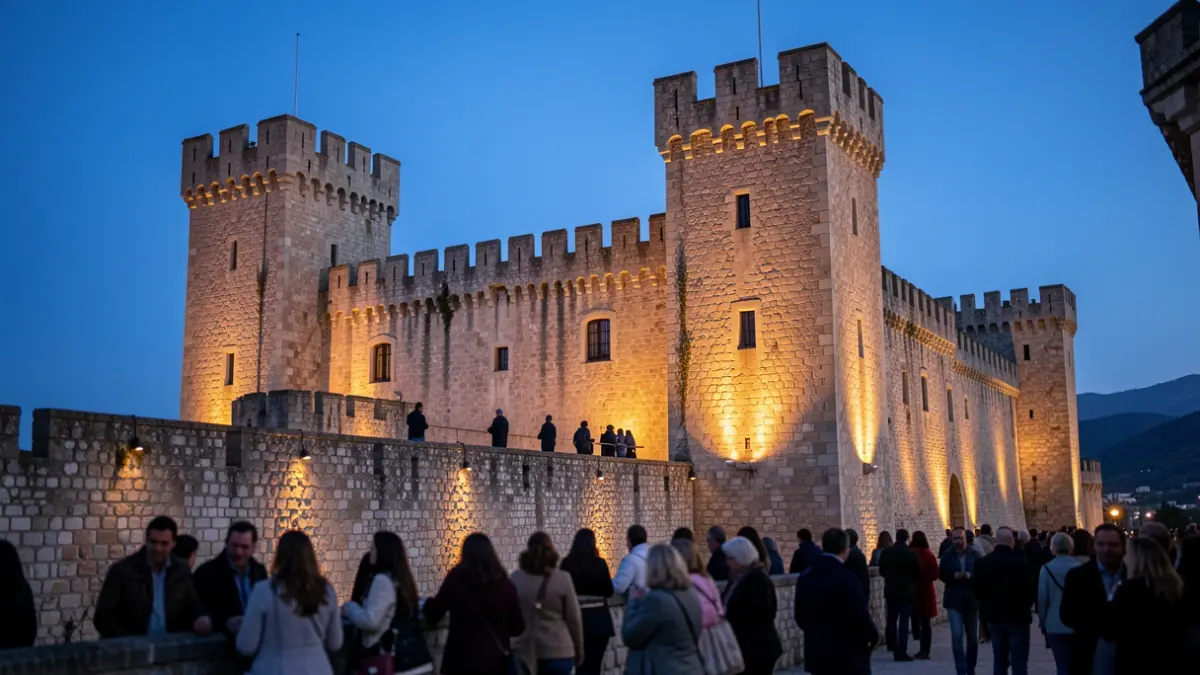 Dusk lighting of the castle of Frías, with a blurred group of people below.