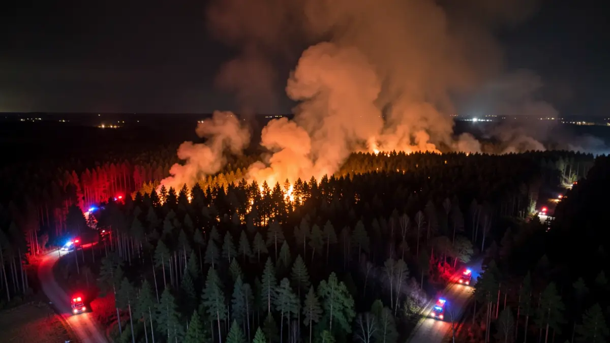 Gaueko basoko sute baten ikuspegia airetik, suzko argiak eta kea.