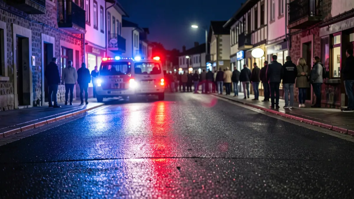 Generic image: Reflection of red and blue police lights on wet asphalt at night in a Basque Country municipality, shallow depth of field, no vehicles visible.
