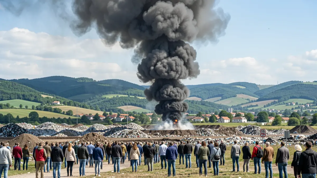 A large column of black smoke rises from a landfill at the foot of green hills, Vitoria-Gasteiz landscape, daytime.
