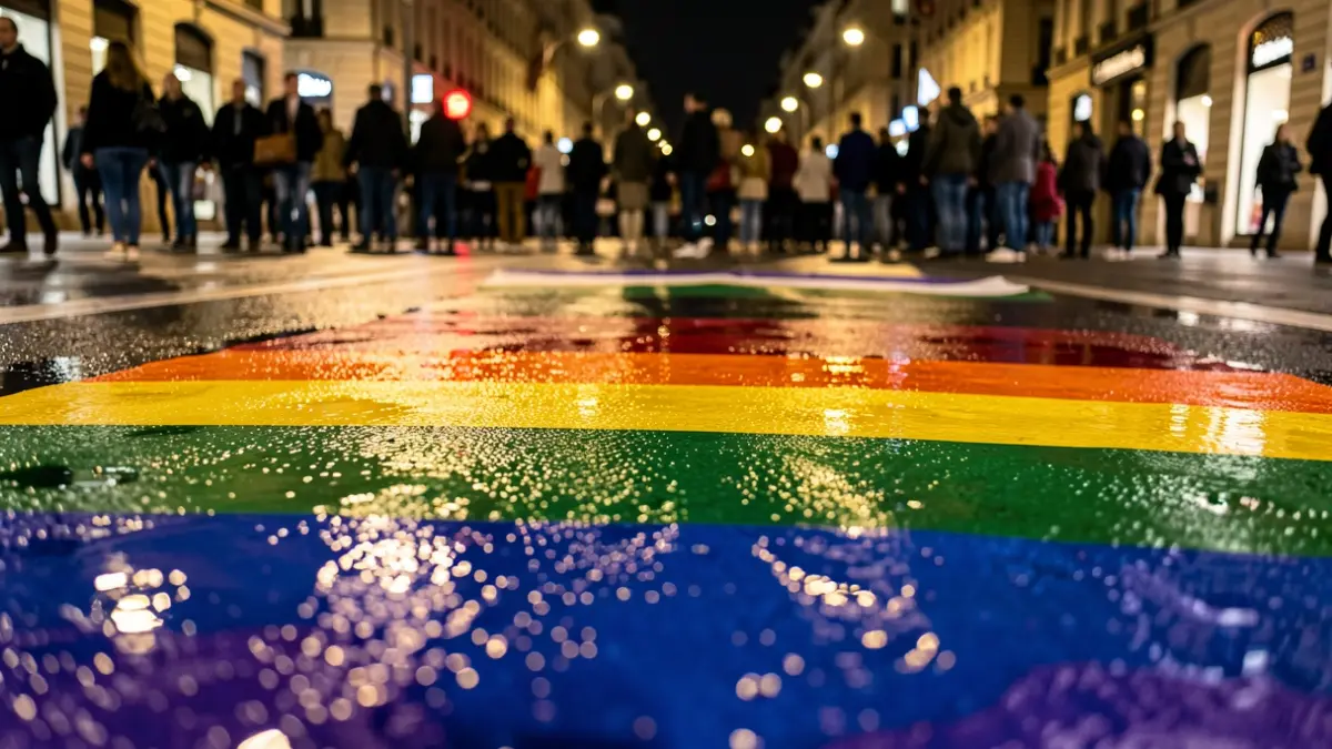 Generic image: Rainbow colors reflected on wet asphalt at night.