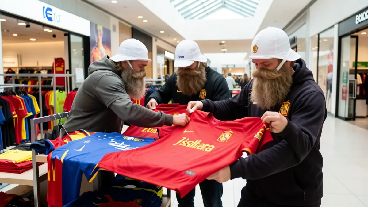 Generic image: Three individuals wearing white hats and fake beards, attempting to conceal their identities, forcefully taking football team jerseys from a store in a shopping mall.