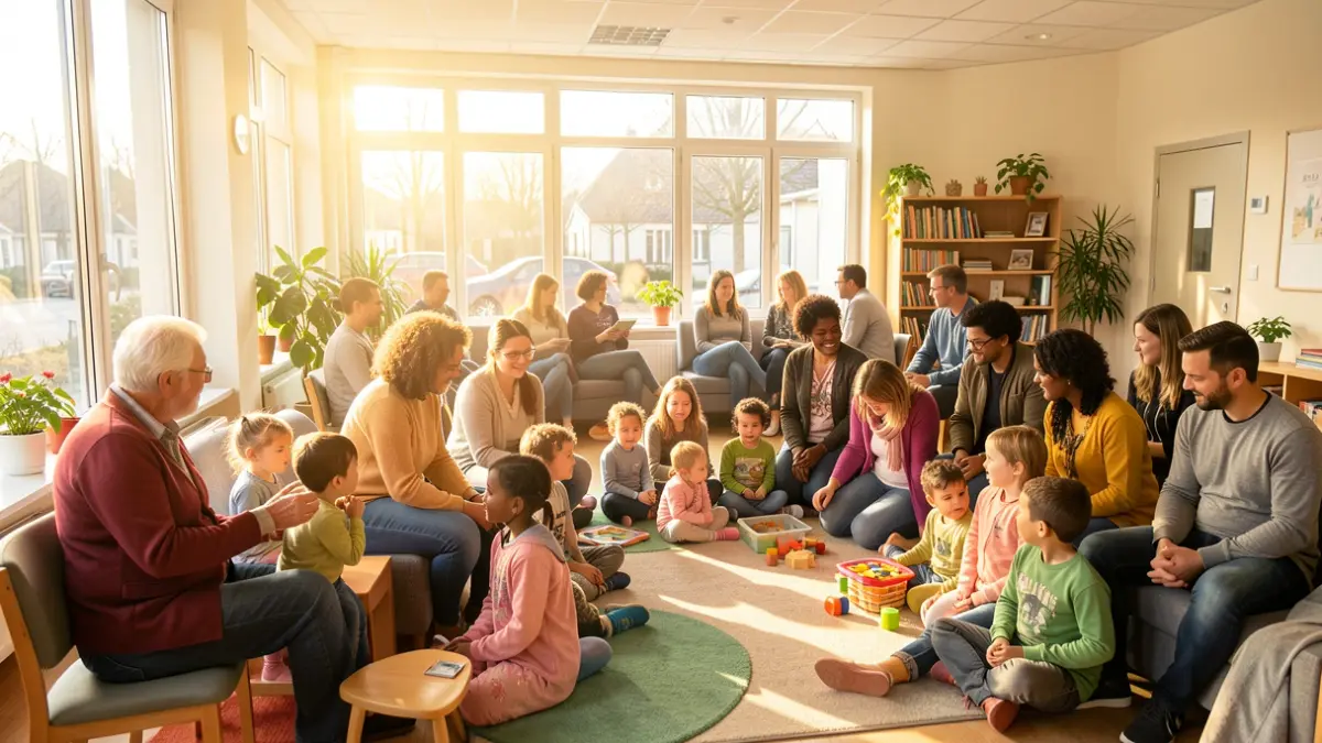 Imagen genérica: Padres y niños diversos reunidos en un centro comunitario de Gasteiz.