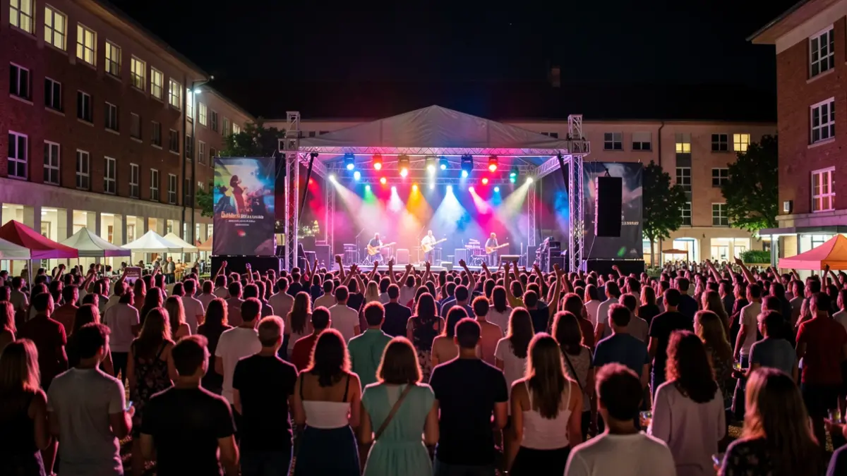 Imagen genérica: Escenario de festival de música en un campus universitario por la noche, con luces de colores y siluetas borrosas de gente.