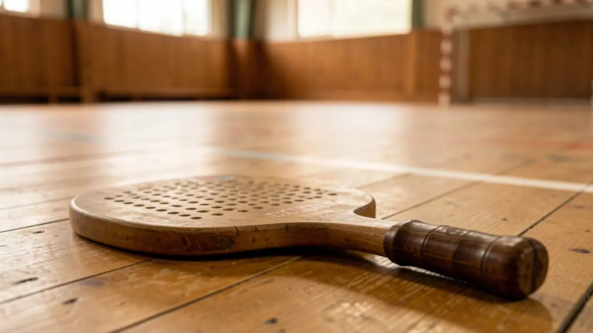A wooden pala racket on the floor of a fronton.