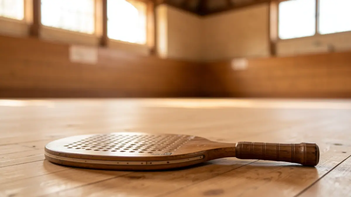 A wooden pala racket on the fronton floor.