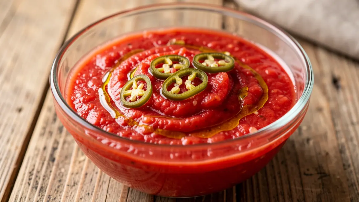 Gazpacho gorri bat, Ibarrako piperminarekin apaindua, egurrezko mahai baten gainean.