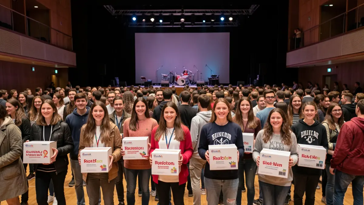 Imagen de un evento juvenil solidario, con jóvenes reunidos en una sala de conciertos.