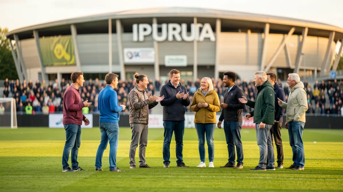 Interaction between youth and veterans on a football field, with Ipurua stadium in the background.