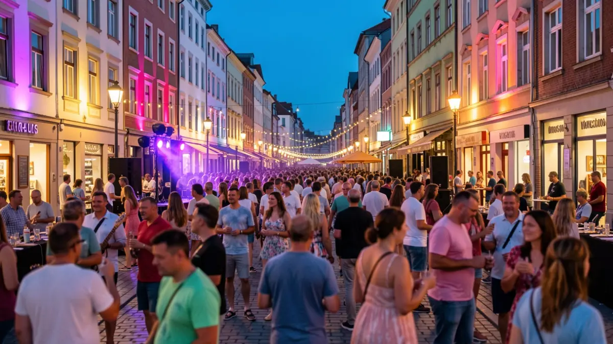 Irudi generikoa: Gernika-Lumoko kale-jai giroa, jendea musika entzuten eta argi koloretsuekin.