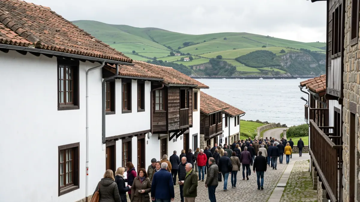 Arquitectura tradicional vasca con paredes blancas y madera oscura, paisaje verde de la costa cantábrica.