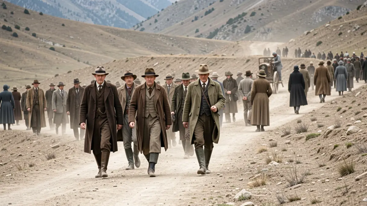 Generic image: Individuals in Civil War-era attire walking through a barren, mountainous region of Euskadi, with a blurred figure operating a device evoking time travel.