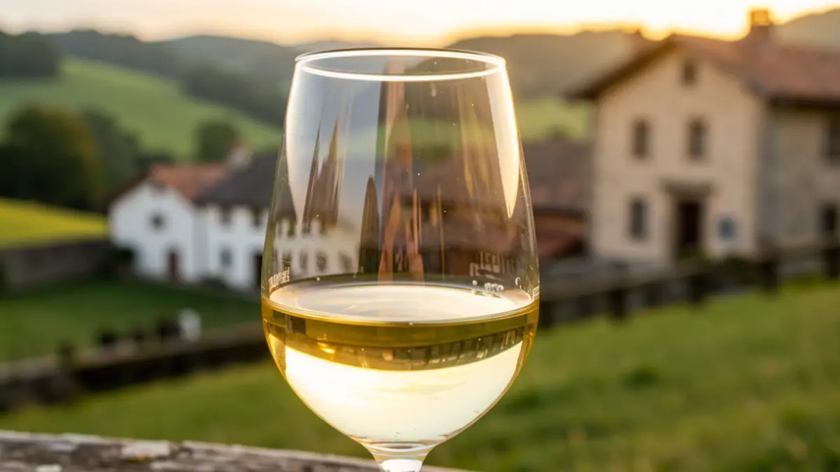 Generic image of a glass of Txakoli with a Basque landscape in the background.