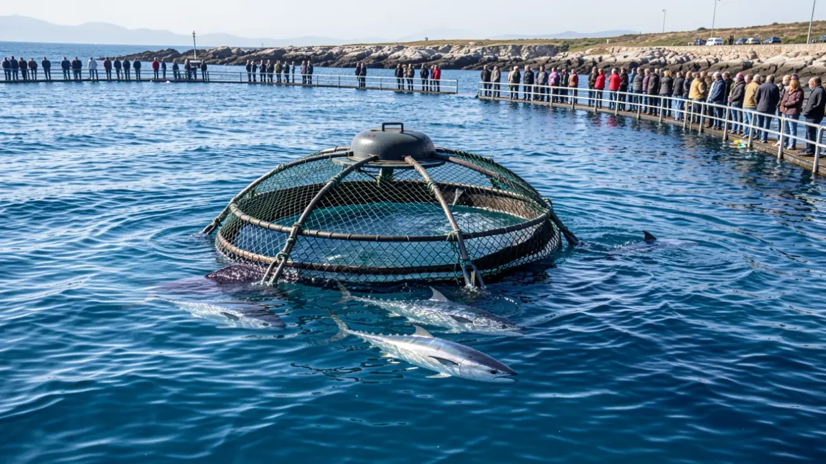 Una gran jaula de piscifactoría sumergible en el mar Cantábrico frente a la costa de Getaria, con agua azul clara.