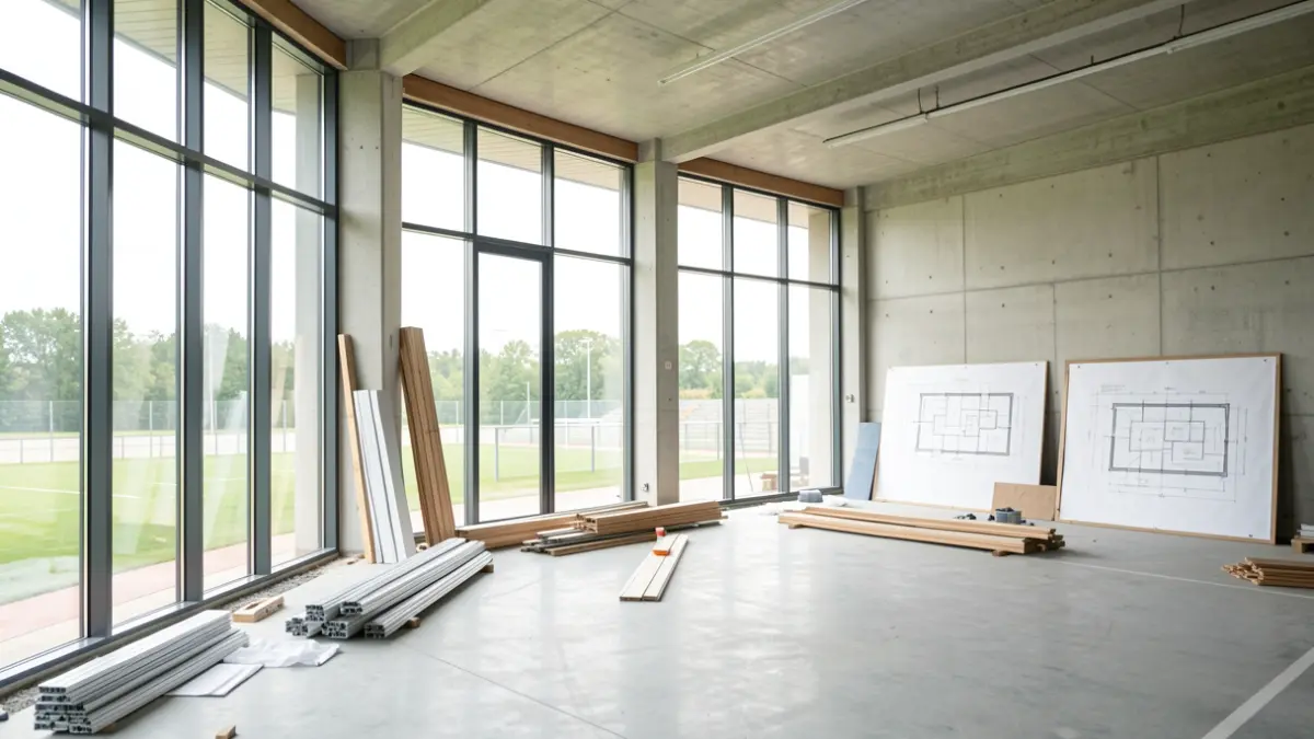 Imagen genérica: Interior de una moderna instalación deportiva que muestra planos de diseño y materiales de construcción para la renovación del edificio de frontones de Fadura.