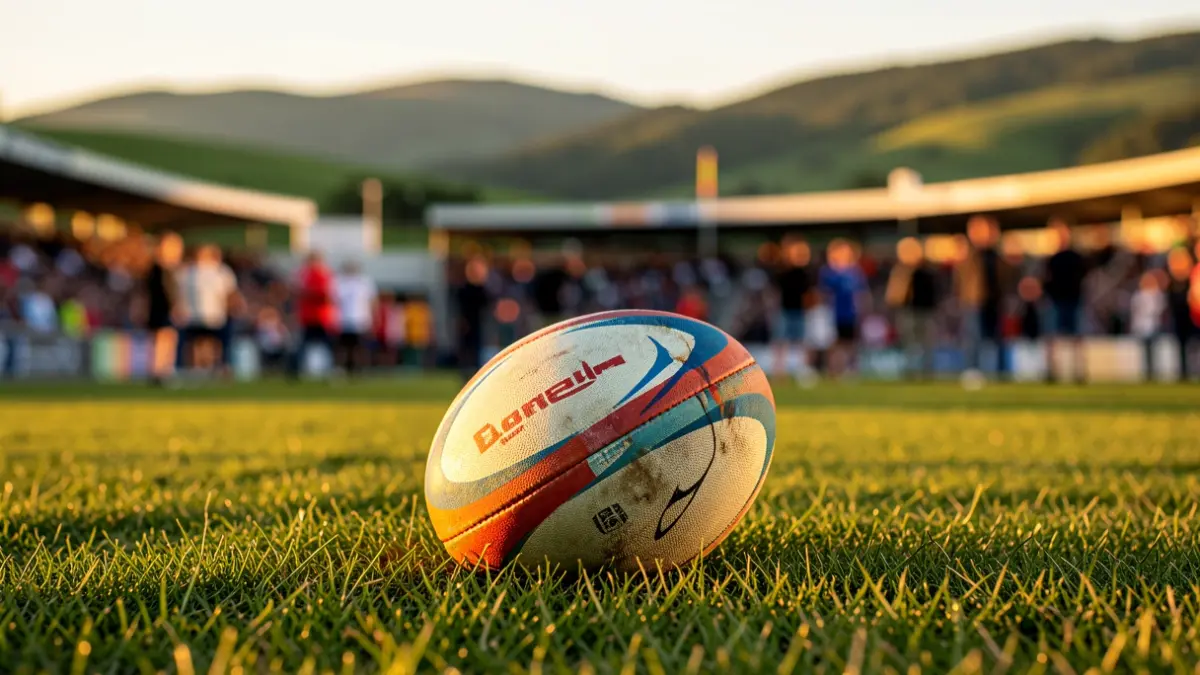 Imagen genérica de un balón de rugby sobre hierba, con el estadio desenfocado.