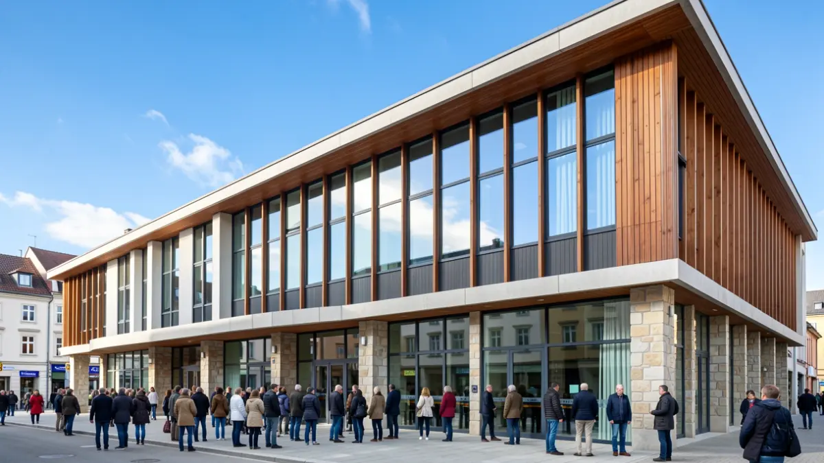 Generic image: Facade of a modern municipal building with large windows and a blue sky.