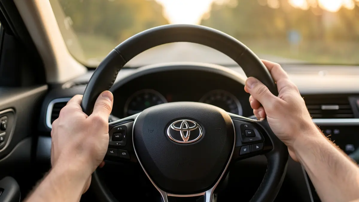 Close-up of a steering wheel with hands gently gripping it, suggesting a sense of control and independence. The background is softly blurred, hinting at a road ahead, with warm, natural light filtering in. The overall mood is one of quiet confidence and freedom.