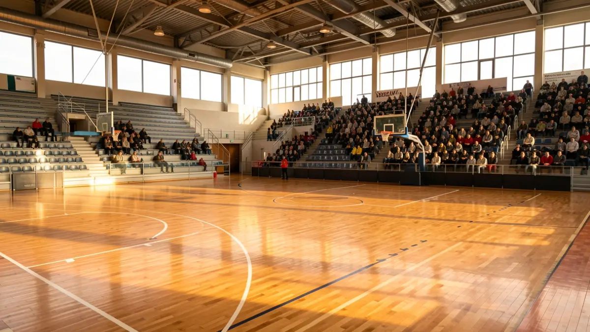 Saskibaloi kantxa huts bat Euskadiko kirol pabilioi moderno batean, eguerdiko argi beroak zurezko zorua eta harmailak argiztatzen dituela.