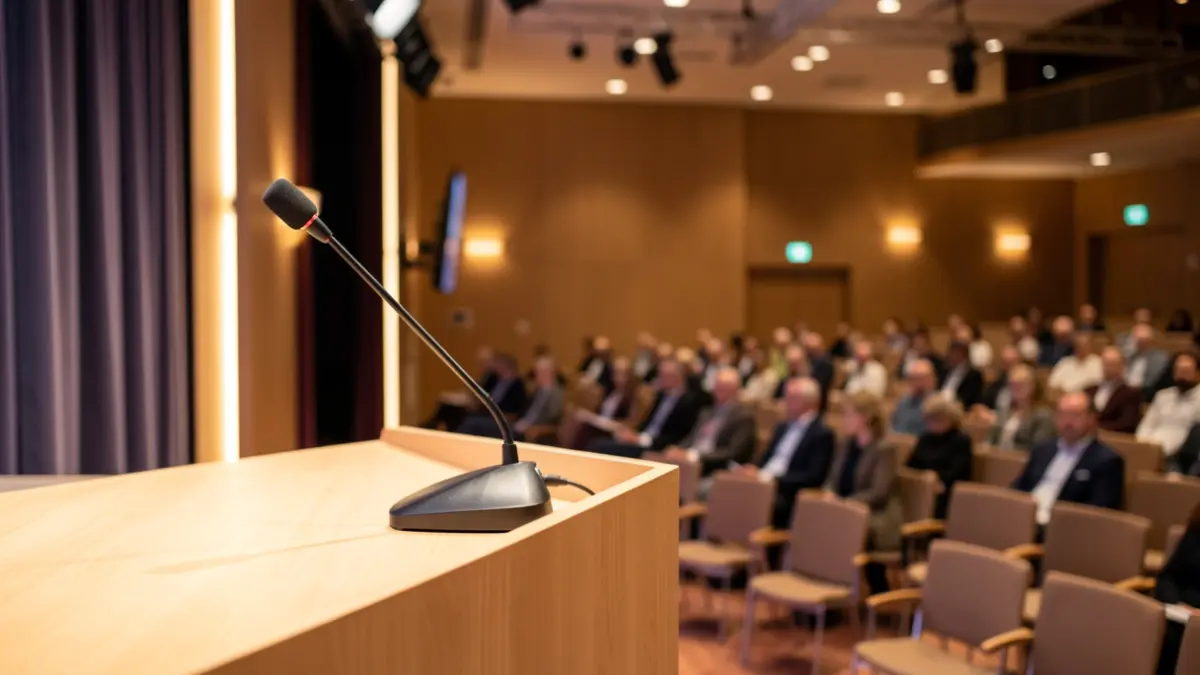 Generic image: a modern conference hall with a microphone on a podium and chairs.