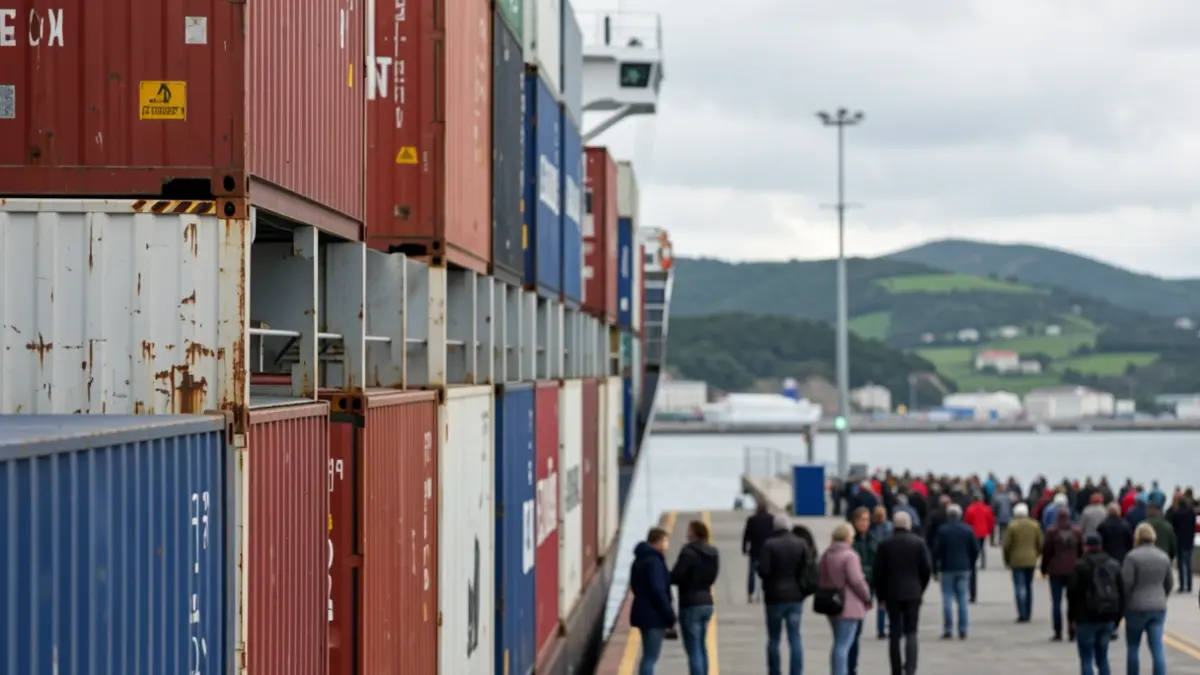 Generic image: Stacks of containers at a port, with the Euskadi coastline and green hills in the background.