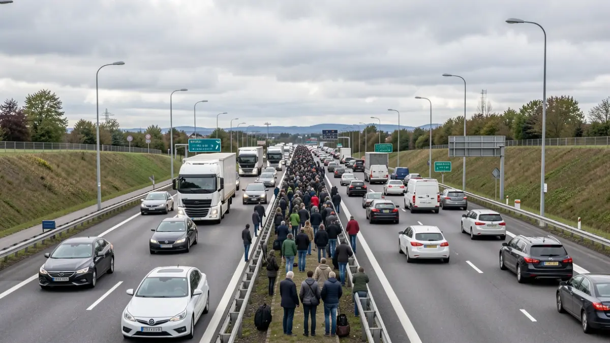 Irudi generikoa errepide jendetsu batena, kamioi trafiko handiarekin.