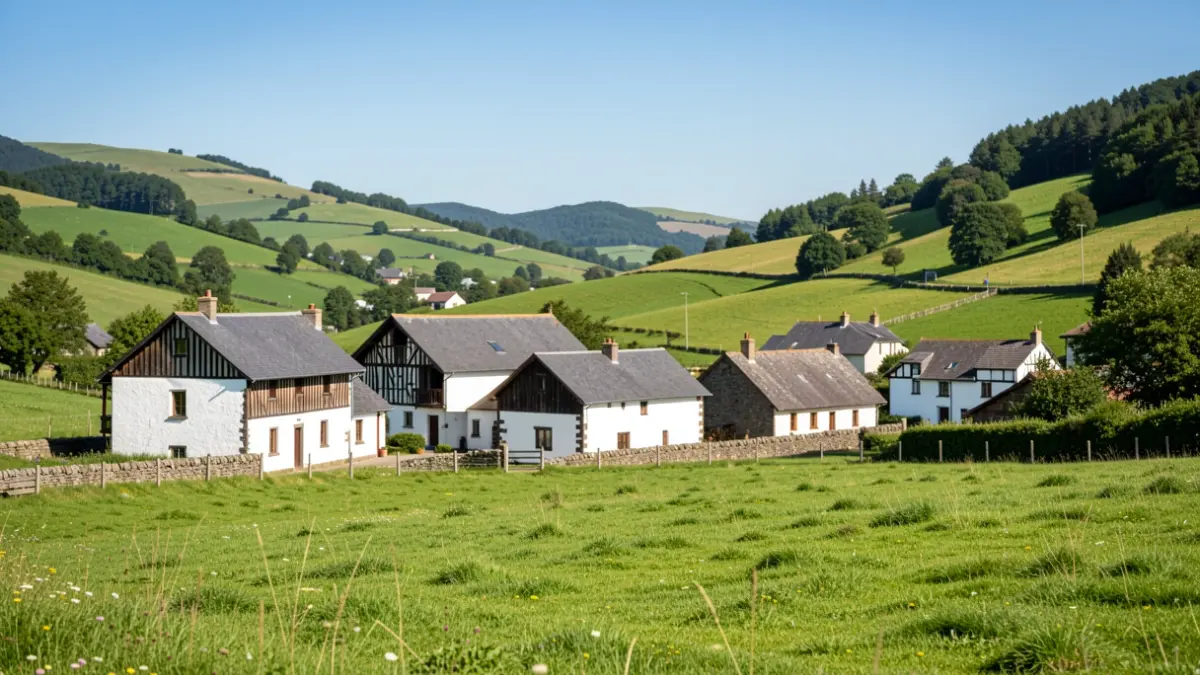 Eskualdeko herri txiki baten ikuspegi panoramikoa, etxe zuri tradizionalak eta egur iluneko habeak dituena, haran berde batean kokatua, zeru urdin argiaren azpian.