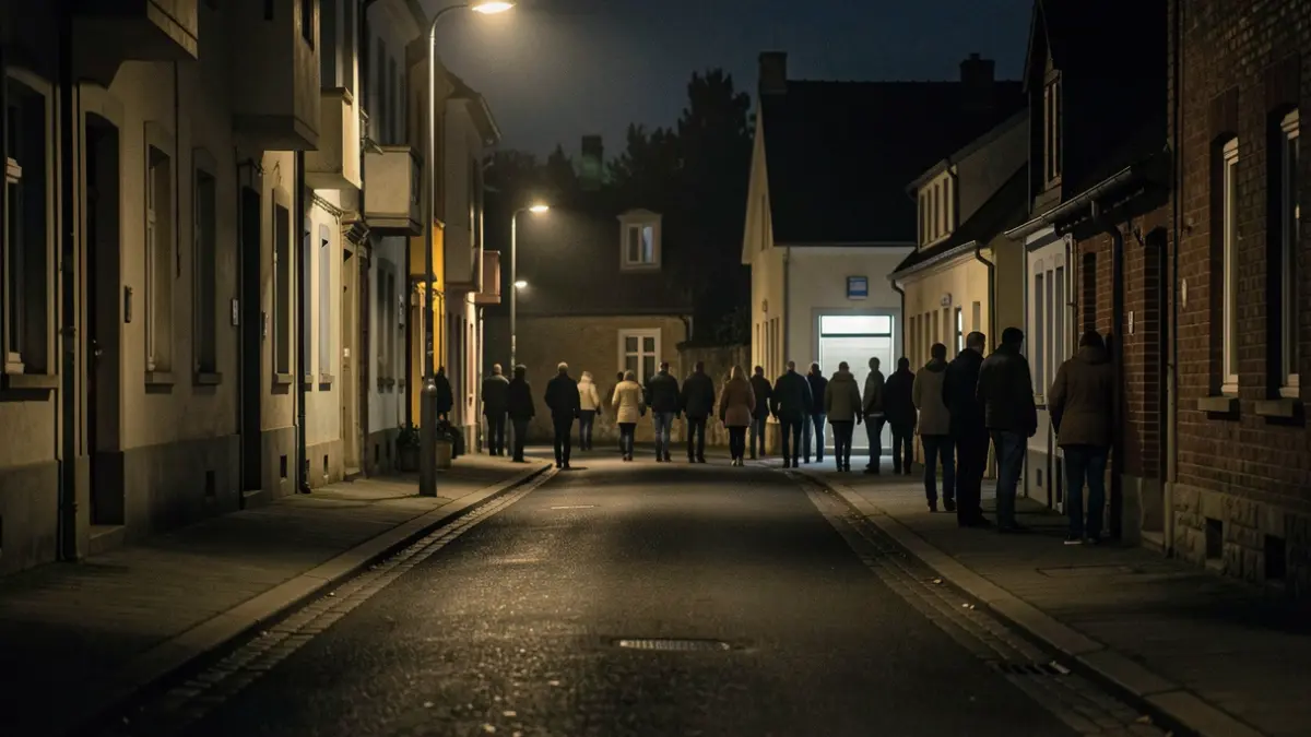 A dimly lit residential street in Gipuzkoa at night, with houses in shadow.