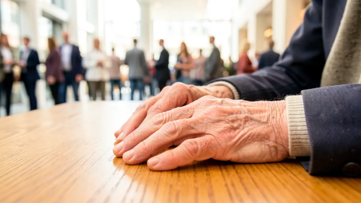 Close-up of an elderly person's hands on a table.