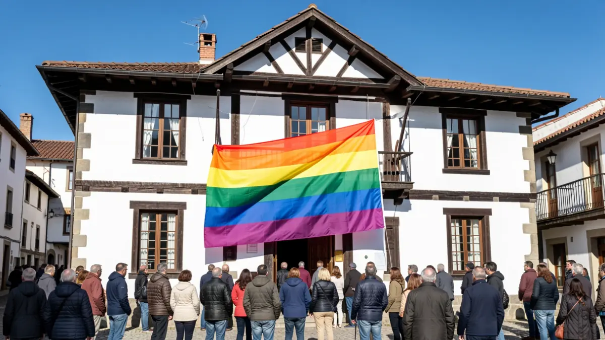 Irudi generikoa da, udaletxe baten aurrean zabaldutako ortzadar bandera bat.