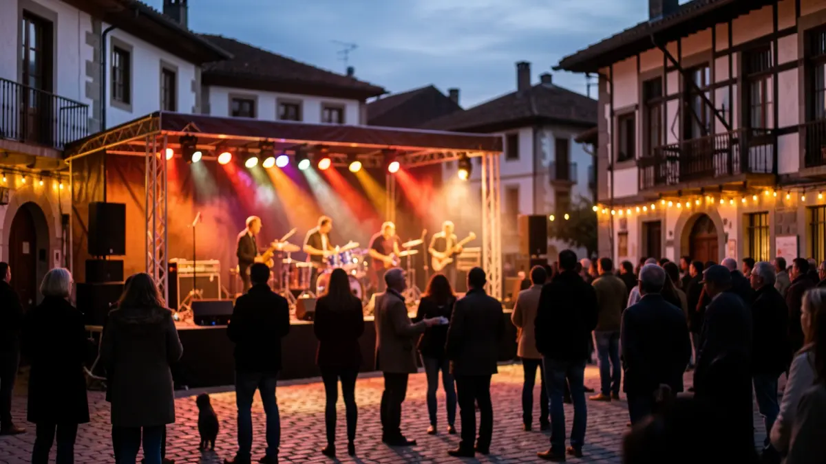 Generic image of a Basque jazz festival atmosphere, featuring warm lights and silhouettes of people.