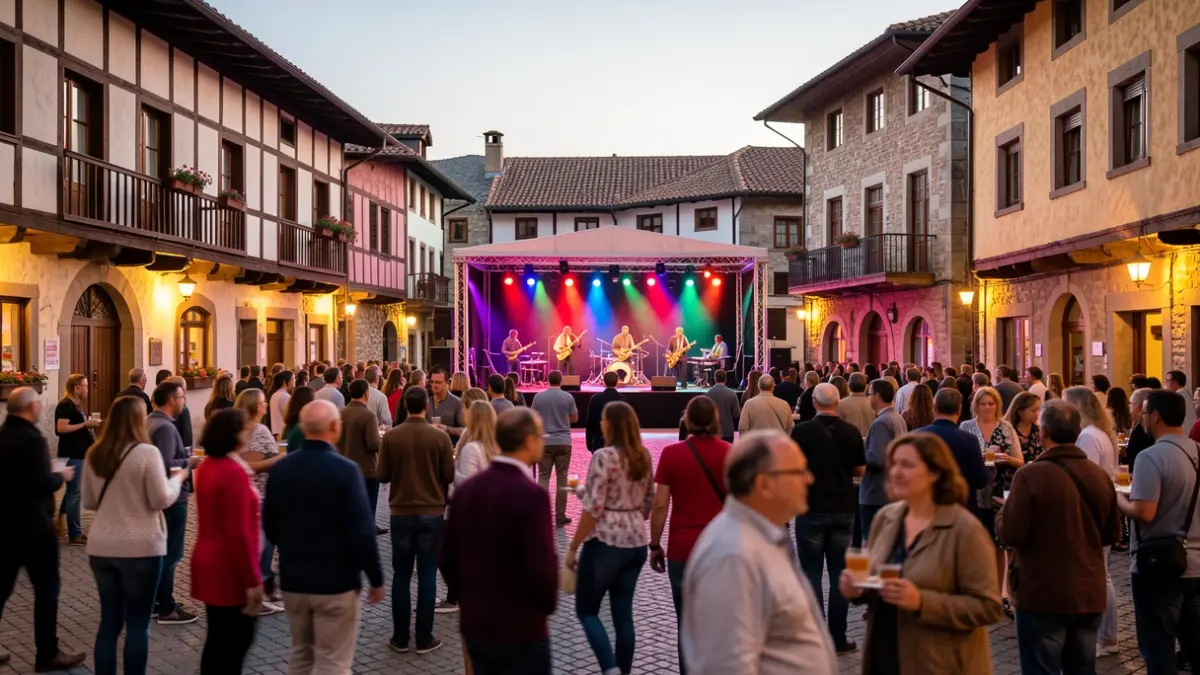 Irudi generikoa: Jazz jaialdi bat Euskal Herriko plaza batean, iluntzean, argi koloretsuekin eta jende artean.