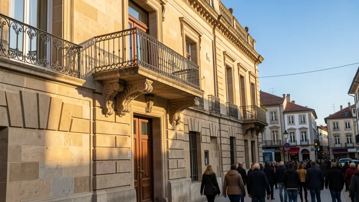 Irudi generikoa Eusko Jaurlaritzako udaletxe baten harrizko fatxadaren ingurukoa, balkoi eta burdin hesiekin, arratsaldeko eguzki argiarekin.