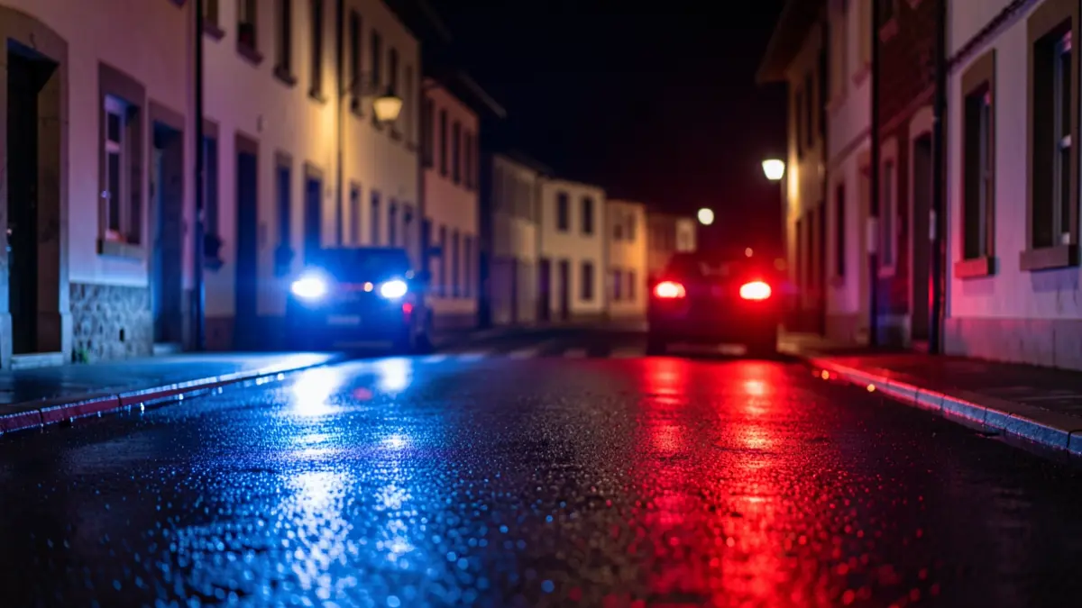 Generic image: red and blue emergency lights on wet asphalt at night.
