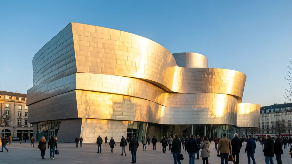 The distinctive facade of the Guggenheim Museum Bilbao, illuminated by late afternoon sun.