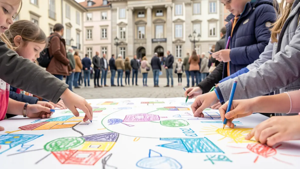Haurren eskuak marrazten proposamen koloretsuak paper zati handi batean, herri seguru bat irudikatuz, Euskal Herriko udaletxe baten fatxada lausoa atzealdean, giro argitsu eta esperantzatsua.