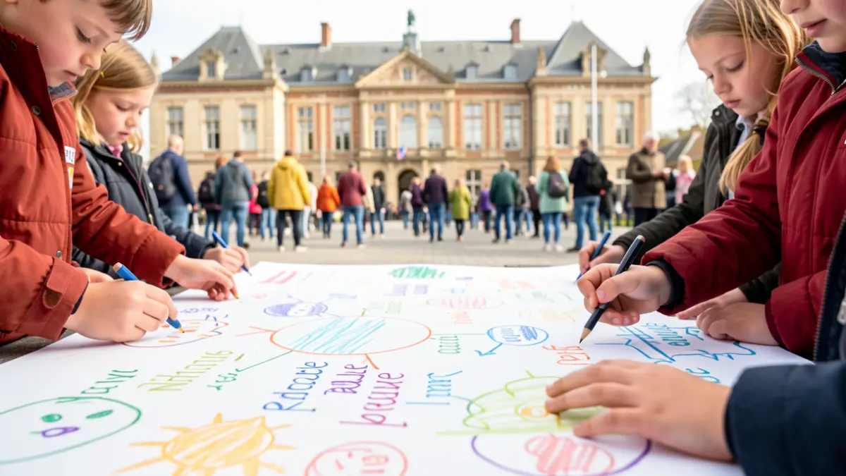Children's hands drawing colorful proposals on a large sheet of paper, with blurred town hall building in the background, bright and hopeful atmosphere, Euskadi style architecture.