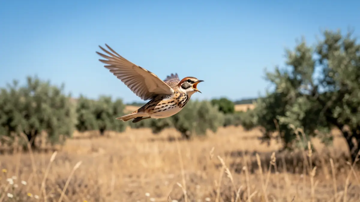 A skylark singing and in flight under a clear blue sky, over a dry field.