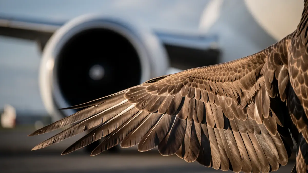 Generic image of a bird's wing with an airplane engine blurred in the background.