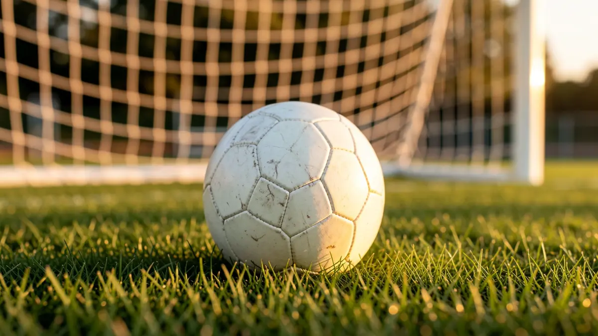 Pelota ball on grass, with the white net blurred.