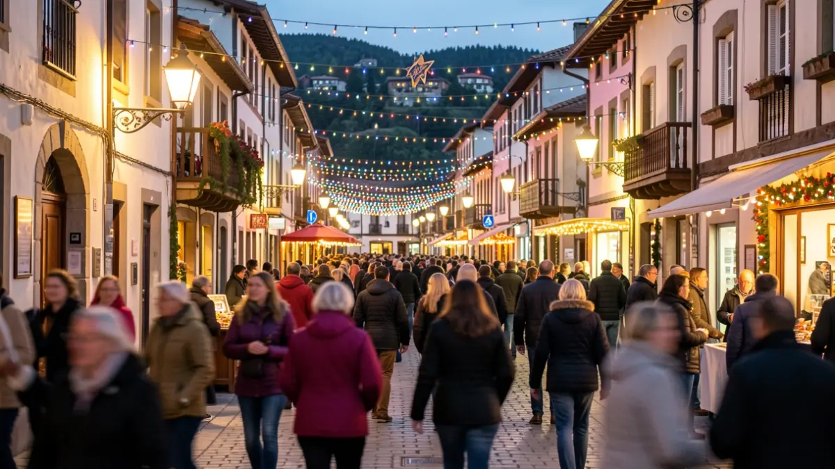 Generic image of a festive street scene in a Basque town, with blurred crowds and colorful lights.