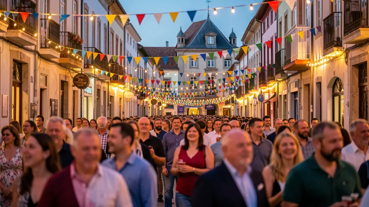 Imagen genérica: Ambiente festivo callejero de las fiestas de San Joanak en Hernani, con gente celebrando, decoraciones coloridas y luces cálidas.