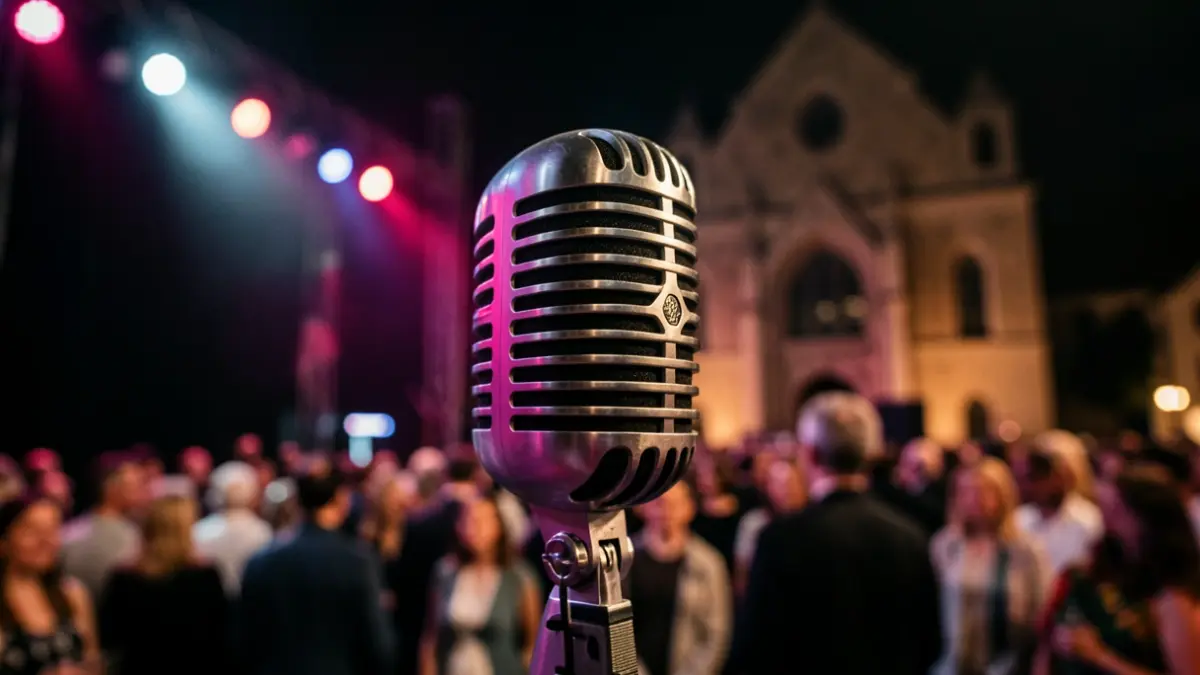 Imagen de primer plano de un micrófono vintage en un escenario oscuro, con luces de concierto borrosas al fondo.