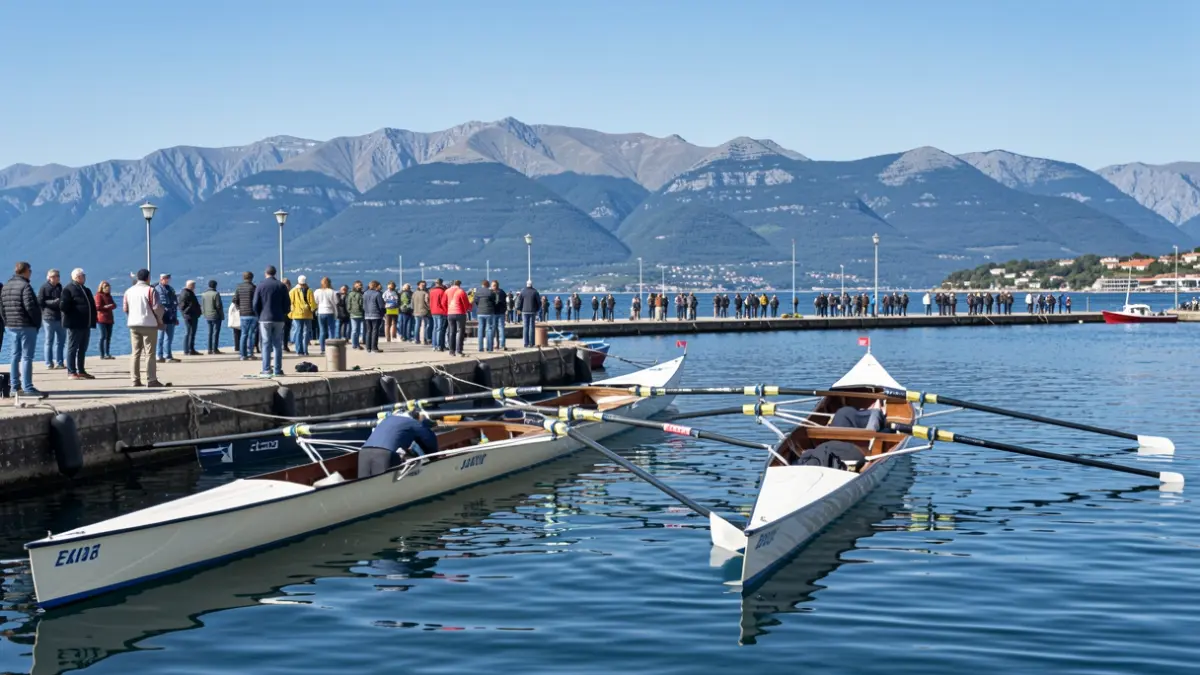 Bi traineru senior Euskadiko portu batean, mendi euskal paisaia atzealdean.