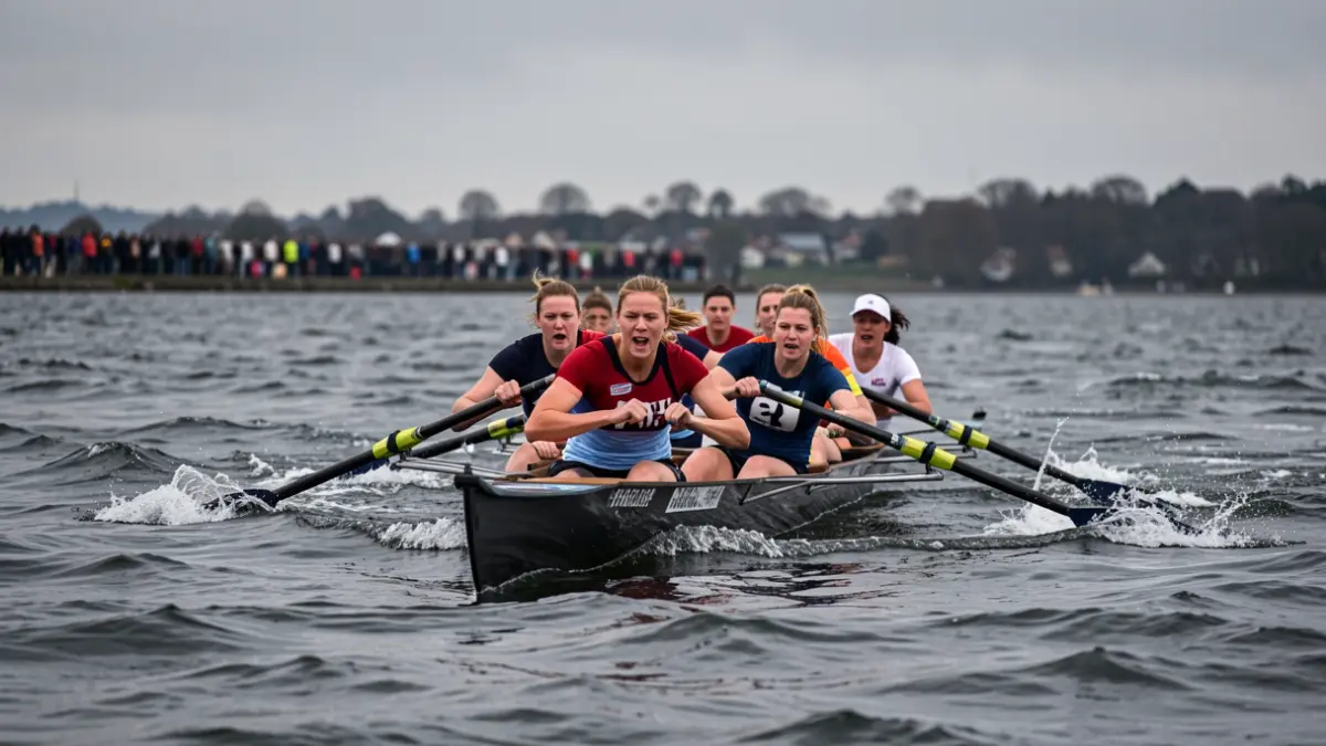 Image of a rowing boat with female athletes competing on rough seas, with the coastline and a grey sky in the background.