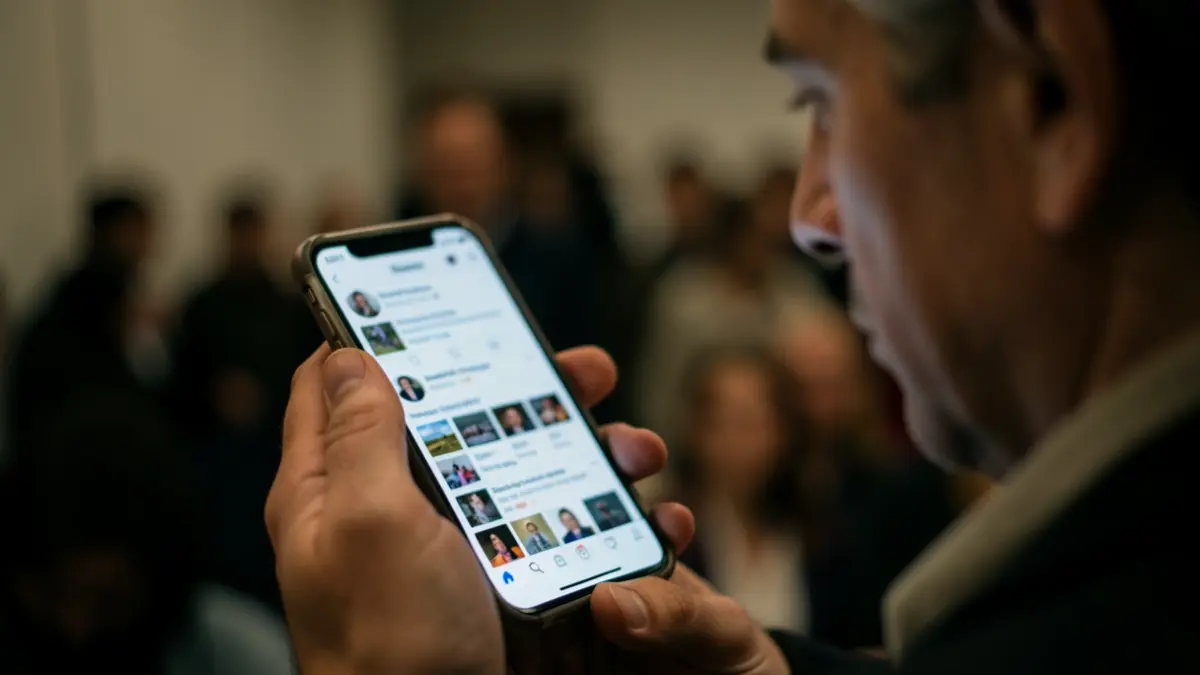 Telefono mugikorra eskuan duen pertsona baten hurbileko irudia, pantailan sare sozialen jario lausoa duena. Atzealdea ilun dago.