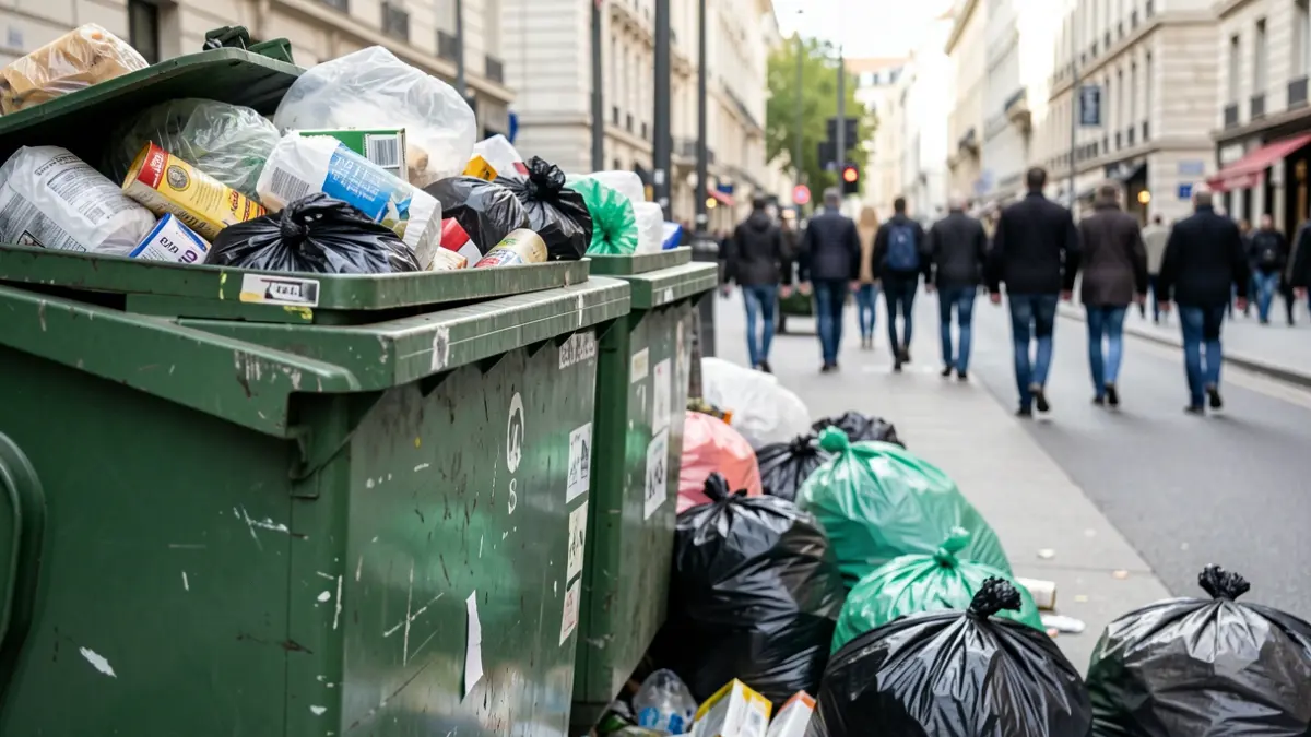 Overflowing waste containers on a city street.