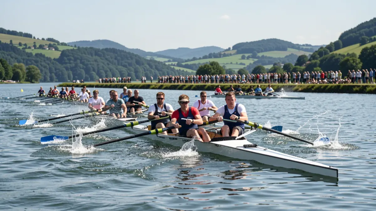 Generic image: rowers competing on a lake, with calm waters and surrounding green landscape.